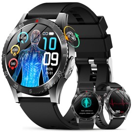 YUPENG Smartwatch with ECG + HRV/uric acid/B, 1.43 inch health watch for men and women with 24H heart rate, body temperature, SpO2, sleep monitor, fitness watch for Android iOS (black)