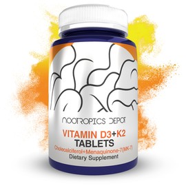 Nootropics Depot Vitamin D3 + K2 with Vitamin C Tablets | 365 Count | 125μg | Equivalent to 5000 IU | Year Supply