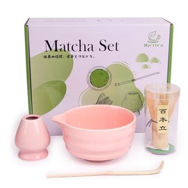 Matcha Whisk Set, Myrthra Matcha Set Includes Matcha Whisk and Bowl (Bowl with Spout), Holder and Scoop-4PCS Matcha Tea Set (Pink)