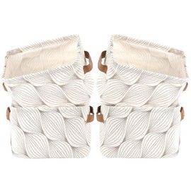 LessMo Pack of 4 Fabric Storage Baskets, Organiser with Handles, Foldable Waterproof, 100% Linen & Cotton Fabric Storage Containers, Storage Baskets, Suitable for Desktop Storage and Household Organiser