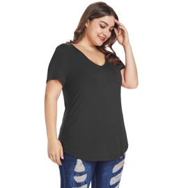 MONNURO Plus Size Tops for Women Casual V Neck Summer Short Sleeve T Shirts with Pocket(Black,4X)