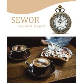 SEWOR Quartz Pocket Watch Shell Dial Magnifier Case with Two Type Chain (Leather+Metal) (Bronze)