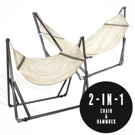2 in 1 Hammock and Swinging Chair with Collapsible Steel Stand 450 lbs Capacity- Carrying Case, Portable & Adjustable, Perfect for Camping Beach Summer Patio, EZ Daze Foldable Hammock with Stand-IVORY