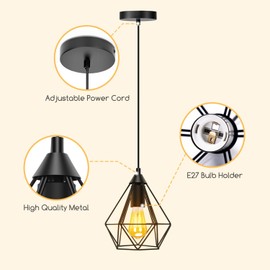 Black Pendant Light Fitting with Shade, Aigostar Cage Pendant Light, E27 Metal Wire Basket Light Pendant, Industrial Ceiling Pendant, Adjustable Cage Ceiling Lighting, Hanging Lights for Kitchen