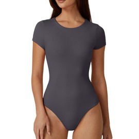 QINSEN Short Sleeve Bodysuit for Women Crewneck Fashion Body Suits Going Out Tops Dark Grey XL