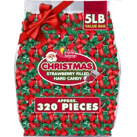A Great Surprise Strawberry Hard Candy - 5 Pounds - Strawberry Bon Bons - Red and Green Christmas Hard Candies - Filled Hard Candies