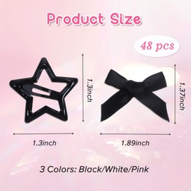 48 Pcs Small Bow Hair Clips Star Clips Satin Mini Hair Bow Clip Star Barrettes Metal Non-Slip Cute Bowknot Stars Pins Y2k Accessories for Women Girls Kids Toddlers (Black, White, Pink)