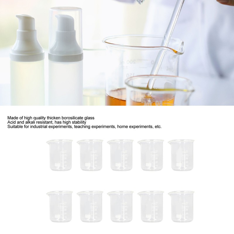 10 Pcs Laboratory Glass Beaker 50ml Thick Experimental Graduated Cylinder
