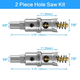 TCT Hole Saw Set, 2-Pack of 7/8" (22mm) Heavy Duty Tungsten Carbide Tipped Hole Cutters for Stainless Steel Mild Steel Copper Iron Brass Plastic and More, with Titanium-Plated Pilot Drill Bits