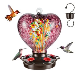 Heart Shaped Hummingbird Feeder, Hand Blown Glass 28 fl.oz, Leak Proof, Ant Moat, Outdoor Hanging Bird Feeder, Garden Decor, Gift for Bird Lovers, Purple, Valentines Day Gift