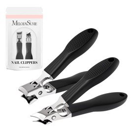 MelodySusie Wide Jaw Opening Nail Clippers Set, 2 pcs Toenail Clippers for Seniors Thick Nails, Anti-Splash Curved and Slanted Nail Clippers for Men Women, Fingernail Cutter with Catcher, Black