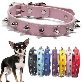 Spiked Dog Collar for Small Dogs PU Leather Spike Puppy Collar Anti Bite Rivet Studded Cat Collar for Kittens Extra Small Medium Pets Like Chihuahua Pug Pit Bull Bulldog, Pink XS