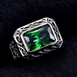 Yaresul Anniversary Rings for Men, Vintage Style Celtic Rings with Radiant-Cut Created Green Emerald Birth Stone Band, Size S-½