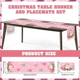 DPKOW Pink Christmas Table Runner Place Mats, Pink Christmas Table Decorations Xmas Table Runner Place Mats Santa Claus Christmas Tablecloth, Pink Christmas Holiday Table Setting, Christmas Home Decor