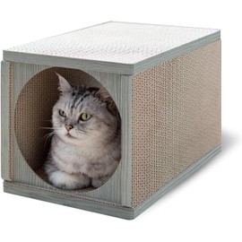 360° Cardboard Cat Scratcher Tunnel & House – Durable Cat Cave, Bed & Scratching Post with Catnip, Indoor Cat Condo & Hideout, greywood