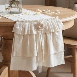 Tigeen Handmade Cotton French Country Table Runner, Multi-Ruffle Rustic Lace with Rosettes, Rustic Vintage Table Decor for Wedding Bridal Baby Shower Dining(Solid Color,12*90 Inch)