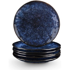 vicrays Ceramic Dessert Salad Plates, 8 Inch, Set of 6, Round, Microwave, Oven, and Dishwasher Safe, Scratch Resistant, Porcelain Fluted Suitable for Snacks, Appetizer, Home, Restaurant (Blue)