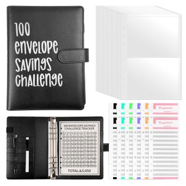 100 Envelope Challenge Binder, Money Saving Wallet Budget Binder with Budget Sheets & Pen, A5 Envelope Challenge Black Binder Book, PU Leather Cash Envelope Binder for School Home Office
