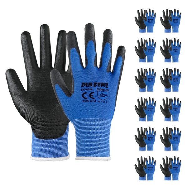 DULFINE Safety Work Gloves PU Coated-12 Pairs,Blue Seamless Knit Glove