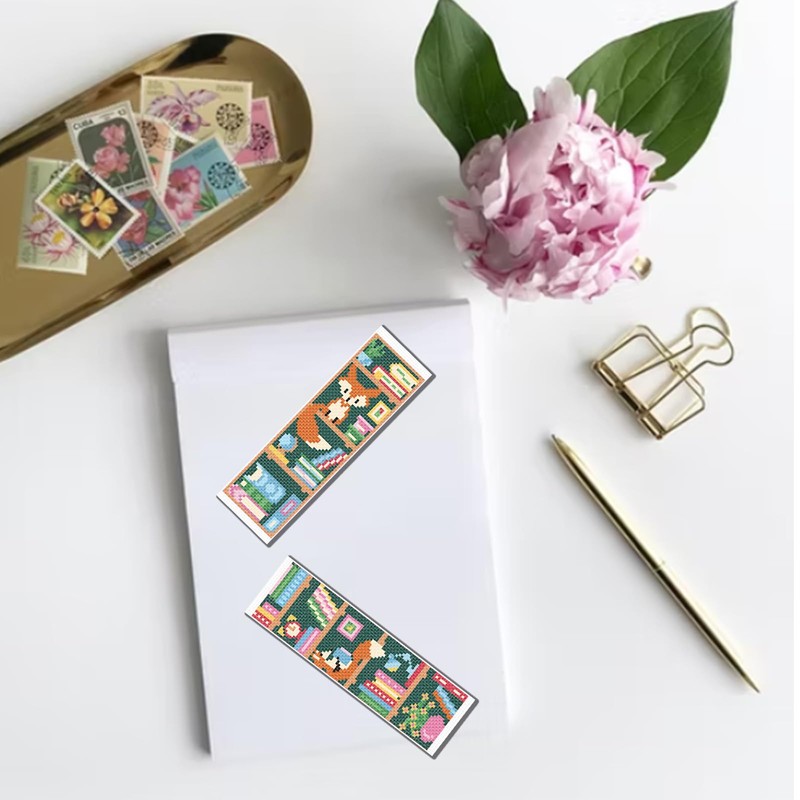 FREEBLOSS 6 Set Cross Stitch Bookmark Kits Fox Bookshelf Pattern