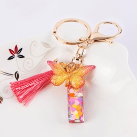 Suweibuke Colourful Cute Initial Letter Keychains for Women Girls with Tassel Butterfly, Charm for Purse Backpacks Handbags Schoolbags (Colorful Pink-I)