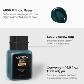 ARTEZA Acrylic Paint, A609 Phthalo Green, 16.9 fl oz, 500ml Jar, Opaque, Quick-Drying, Acrylic Paints for Painting on Canvas, Paper, Wood