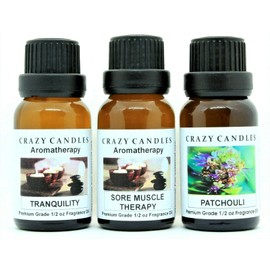 Crazy Candles 3 Bottles Set (Aromatherapy Collection) 1 Tranquility, 1 Sore Muscle Therapy, 1 Patchouli 1/2 Fl Oz Each (15ml) Premium Grade Scented Fragrance Oils