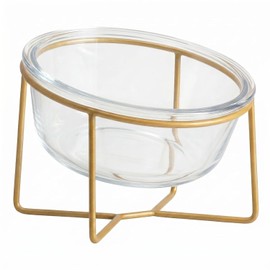 Cuenco pequeño de cristal inclinado elevado para gatos y perros con soporte de hierro dorado