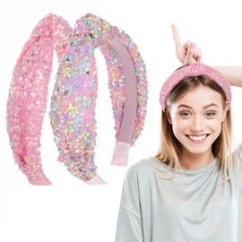 Kifmurase 2 Pcs Sequin Knotted Headbands for Girls, Sparkle Wide Headband Top Knot Glitter Hair Bands Pink Purple Sparkly Hair Band for Girls Party Performance