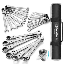 DURATECH Flex Head Ratcheting Wrench Set, Combination Wrench Set, 22-piece, Metric & SAE, 1/4" to 3/4" & 6-18mm, CR-V Steel, Mirror Polished, with Pouch