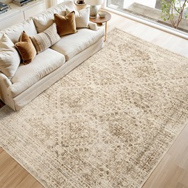 MIULEE 8x10 Vintage Washable Area Rugs Living Room Rug Low Pile Boho Floor Mat for Bedroom Dining Room Under Kitchen Table, Non-Slip Stain Resistant Soft Large Carpet for Home Decor, Neutral Beige