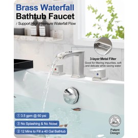 HOIGY Brass Waterfall Bathtub Faucet Set 3 Hole, 2 Handle Roman Tub Faucet Brushed Nickel Matte, 6-16 Inch Widespread Tub Faucets, High Flow Deck Mount Faucet for Bathtub with Pre-installed Water Hose