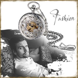 JewelryWe Retro Gear Sprocket High Openwork Manual Winding Mechanical Pocket Watch Skeleton Watch Sweater Necklace Chain, silver, Festive Occasions