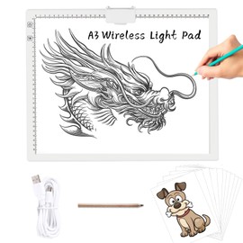 TOHETO A3 Rechargeable Battery Powered Led Light Tracing Pad with Built-in Stand, Magnetic Clip, 6-Level and Stepless 3 Colors Dimming Brightness Light Box for Diamond Painting, Weeding Vinyl (White)