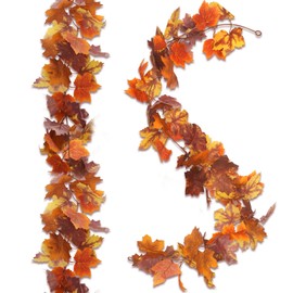 2 Pack Fall Maple Leaves Garland, Fall Hanging Garland Orange Artificial Foliage Autumn Leaves for Home Fireplace Thanksgiving Day Party Supplie