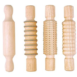Colorations DESIGN All Wood Clay and Dough Textured Rolling Pins, Set of 4, Assorted, Hard Natural Wood, Easy to Clean, 8 1/2 Inches, for Kids, Arts & Crafts