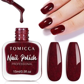 TOMICCA TOMICCA Burgundy Glitter Red Nail Polish, 15ml Quick Dry, Long Lasting Nail Art Starter for DIY Salon Manicure at Home