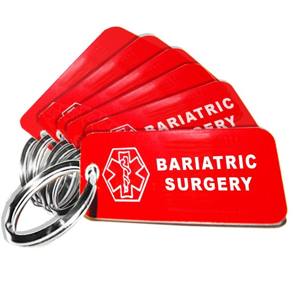 My Identity Doctor - 6 Pre-Engraved Bariatric Surgery Plastic Medical Alert ID Keychains, Small 2.25 x .79 Inch