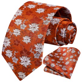 Enlision Burnt Orange Mens Ties and Pocket Square Cufflinks Set Formal Woven Floral Mens Necktie Handkerchief for Wedding