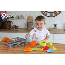 TECHNOK Play Dishes for Kids Kitchen - 33 Pcs Pretend Play Kitchen Dishes Set with Drainer - Fun and Colorful Toy Dishes Kit - Pretend Dishes Cookware Set - Childrens Durable Tableware Playset (Grey)