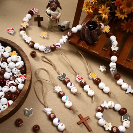 Cinnvoice 240 Pcs Jesus Easter Wood Beads with Twine Easter Wooden Beads Garland Religious Party DIY Crafts Round Beads for Easter Party Farmhouse Home Decor