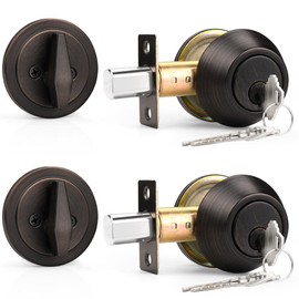 Probrico(2 Pack) Keyed Alike Single Cylinder Deadbolts Oil Rubbed Bronze (Combo Packs), Keyway Keys Handleset, 3 Keys Interior& Exterior Door Hardware (for Entrance Lock and Front Gate)