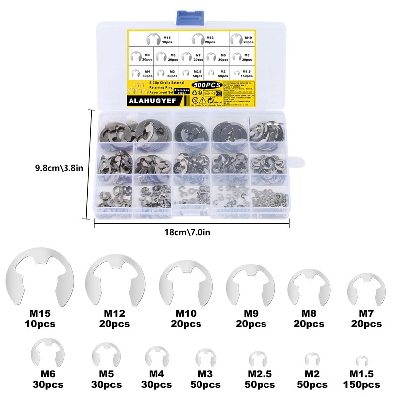 E-Clips, 500 Pieces E-clip Snap Rings Set, Stainless Steel E
