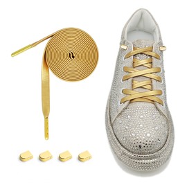 FoxBob No Tie Faux Leather Sneaker Shoe Laces for Kids and Adults with 4 Metal Push Buckles (55"/140CM, Gold)