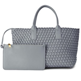 swinsack Woven tote bag for women, woven leather tote handbag, women's tote bag vegan leather Large purses laptop size, Convertible 2-way Style,Grey