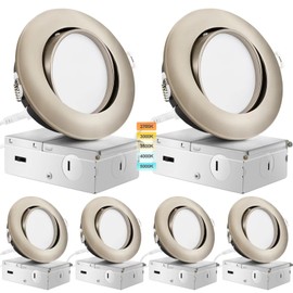 KnLnny Ware Brushed Nickel Recessed Lighting 4 Inch 6 Pack, Ajustable Eyeball Gimbal canless recessed Light with Junction Box,9W 750LM,Dimmable,5CCT Selectable