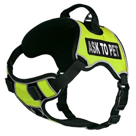 Dogline Quest No-Pull Dog Harness with Ask to Pet Reflective Removable Patches Reflective Soft Comfortable Dog Vest with Quick Release Dual Buckles Black Hardware and Handle 15 to 18 inches Green