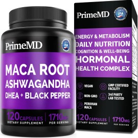 PrimeMD 6-in-1 Organic Maca Root Ashwagandha Capsules 1710mg, DHEA, 120 Count