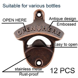 Jumiok 12 PCS Bottle Cap Opener Wall Mounted Bulk Stainless Old Fashioned Beer Soda Opener Mountable for Wood Table Post Plank Antique Copper
