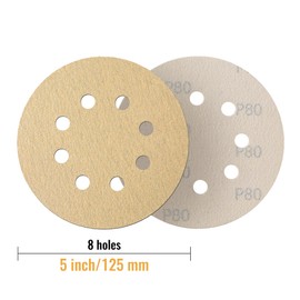 Shaywa 100 Pack 5 Inch 8 Hole Hook and Loop Gold Sanding Discs 80 Grit Orbital Sander Pads Sandpaper for Orbital Sander Sand Paper for Automotive and Woodworking